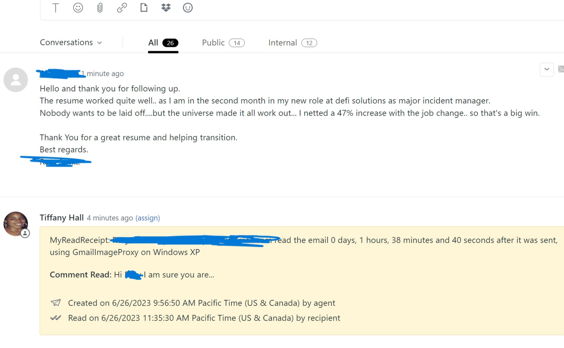 This is a client Review. It reads:
Hello and thank you for following up. The resume worked quite well, as I am in the second moth in my new role at defi solutions as a major incident manager. Nobody wants to be laid off. But the universe made it all work out. I netted a 47% increase with the job change. So, That's a big win. Thank you for a great resume and helping (with the) transition.